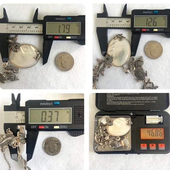 Sterling Silver 925 MOP Marcasite Sea Life Shell Panel Necklace & Earring Set - Picture 12 of 16